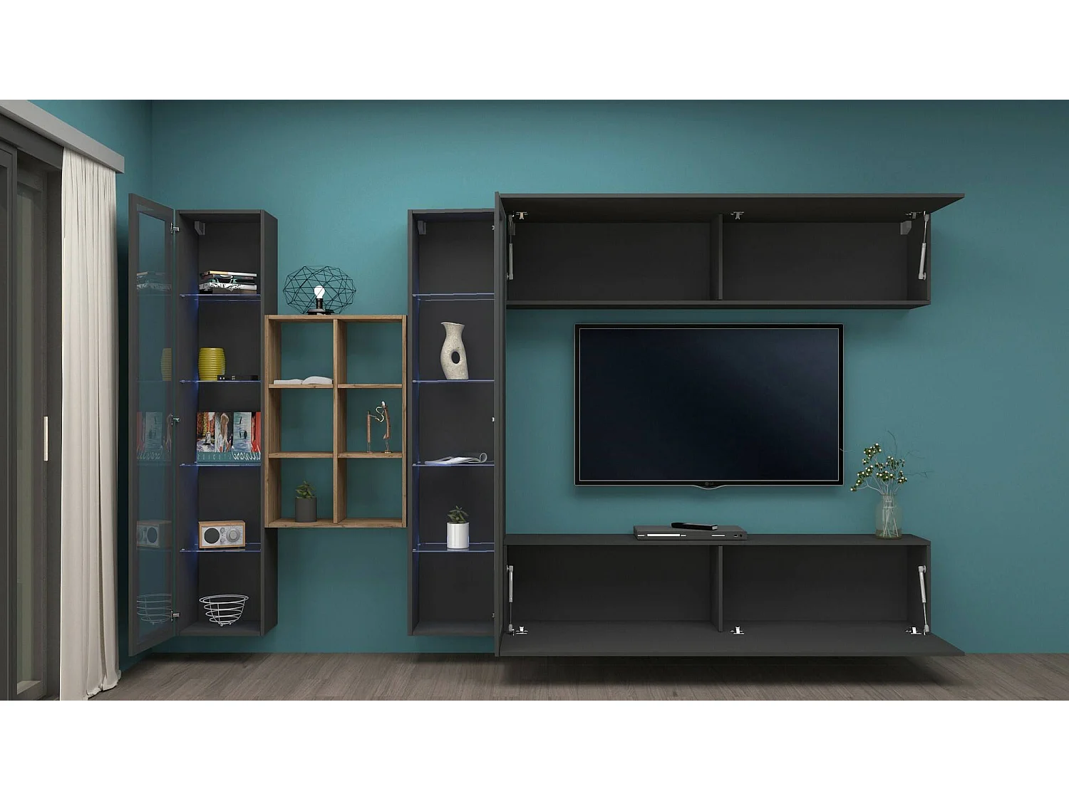 Système mural Dcaprin, meuble TV 4 portes, Meuble de salon polyvalent, 100% Made in Italy, 280x30h180 cm, Anthracite et Érable