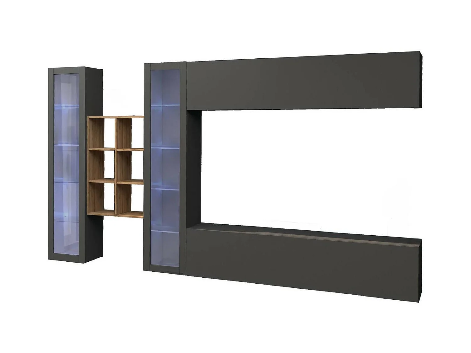 Système mural Dcaprin, meuble TV 4 portes, Meuble de salon polyvalent, 100% Made in Italy, 280x30h180 cm, Anthracite et Érable
