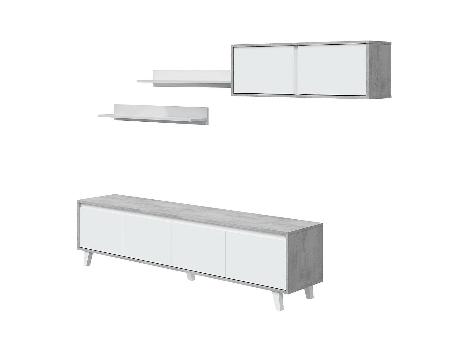 Wohnwand Dmuldu, Wohnzimmerset, Mehrzweck-Wohnzimmermöbel, moderne Wohnwand, 200x41h50 cm, Zement und glänzendes Weiß