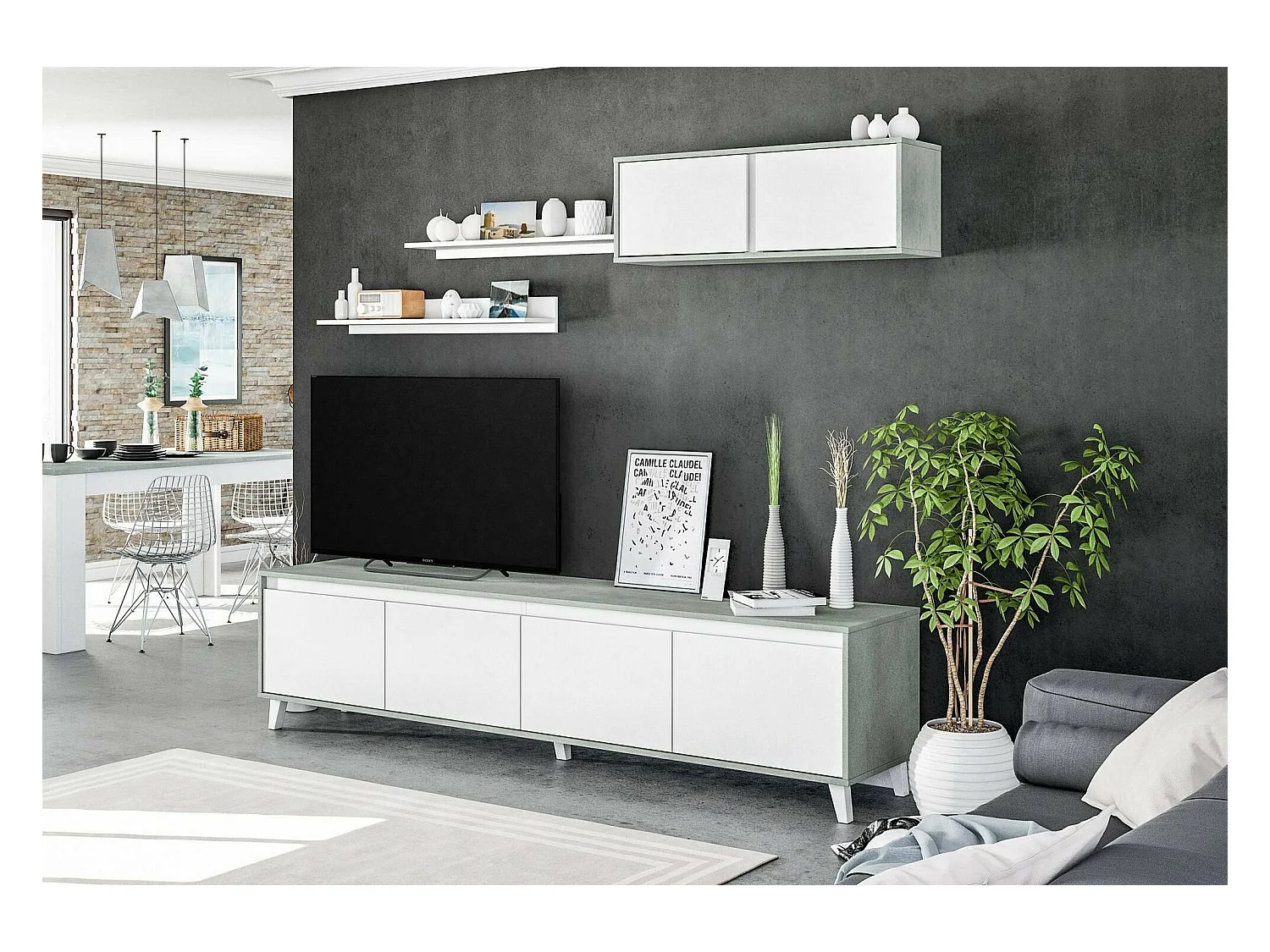 Wohnwand Dmuldu, Wohnzimmerset, Mehrzweck-Wohnzimmermöbel, moderne Wohnwand, 200x41h50 cm, Zement und glänzendes Weiß