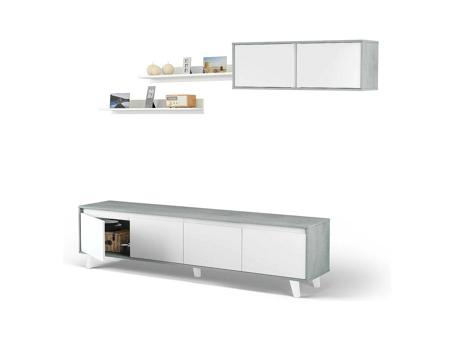 Wohnwand Dmuldu, Wohnzimmerset, Mehrzweck-Wohnzimmermöbel, moderne Wohnwand, 200x41h50 cm, Zement und glänzendes Weiß