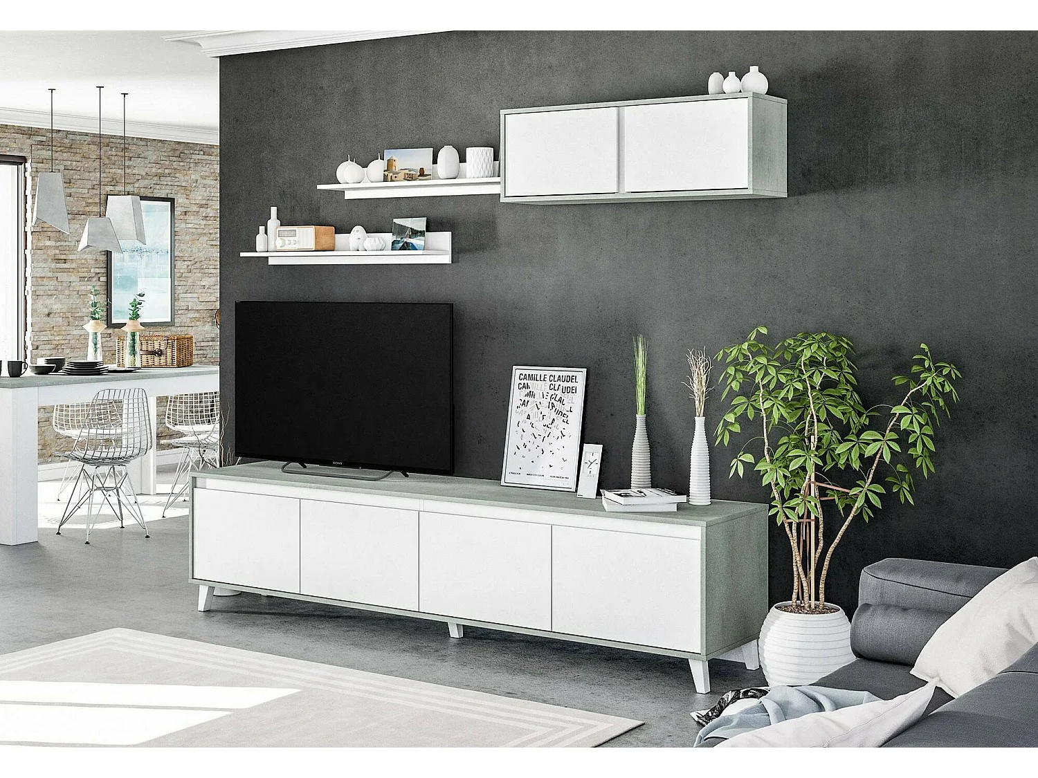 Wohnwand Dmuldu, Wohnzimmerset, Mehrzweck-Wohnzimmermöbel, moderne Wohnwand, 200x41h50 cm, Zement und glänzendes Weiß