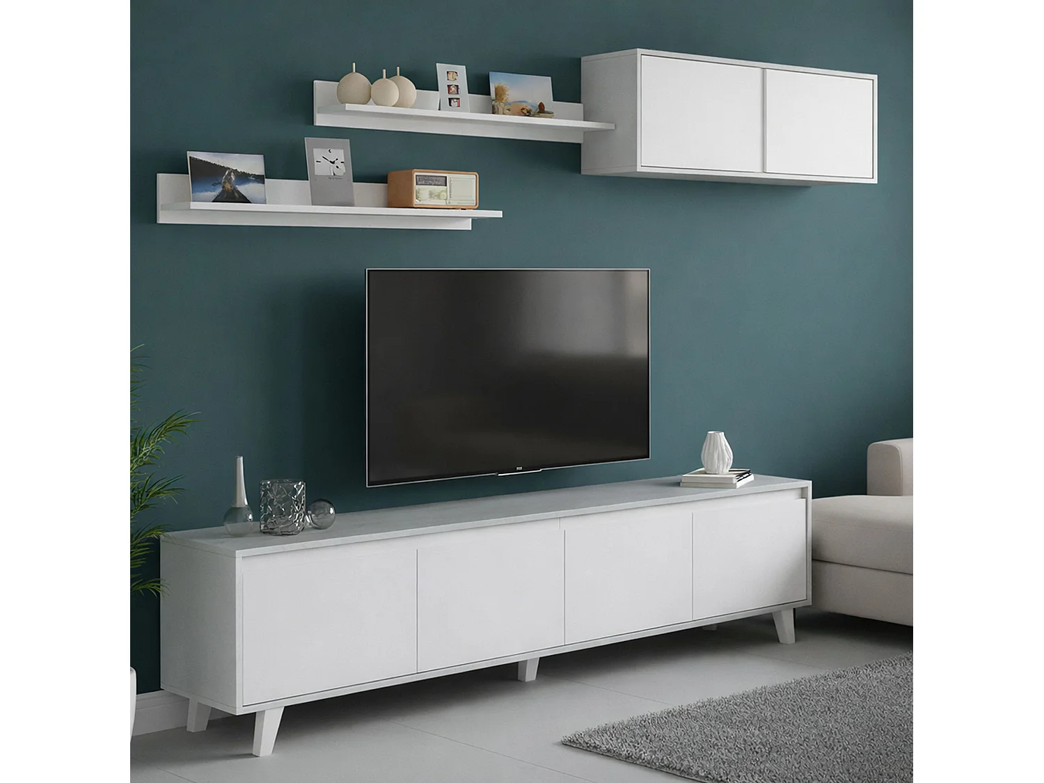 Mur de rangement Dmuldu, Ensemble de salon, Meubles de salon polyvalents, Mur de rangement moderne, 200x41h50 cm, Ciment et Blanc Brillant