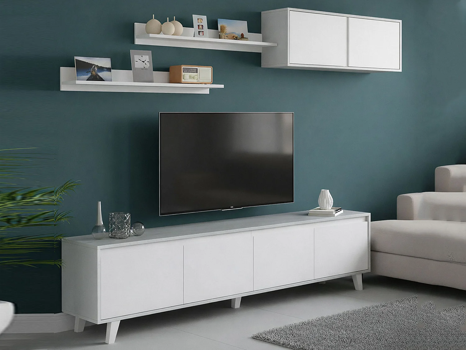 Mur de rangement Dmuldu, Ensemble de salon, Meubles de salon polyvalents, Mur de rangement moderne, 200x41h50 cm, Ciment et Blanc Brillant