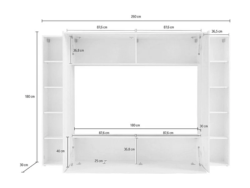 Élément mural Dgirm, meuble TV 4 portes, meuble de salon polyvalent, 100% Made in Italy, 260x30h180 cm, Blanc brillant