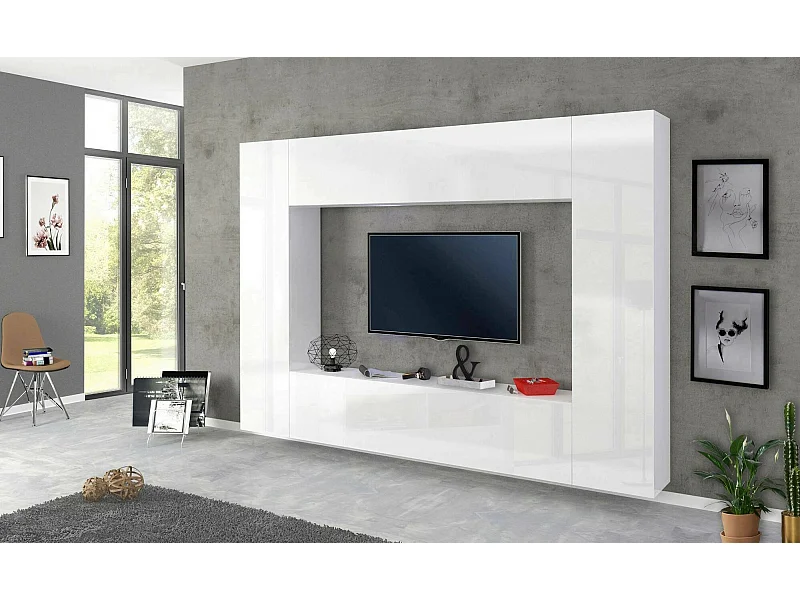 Élément mural Dgirm, meuble TV 4 portes, meuble de salon polyvalent, 100% Made in Italy, 260x30h180 cm, Blanc brillant