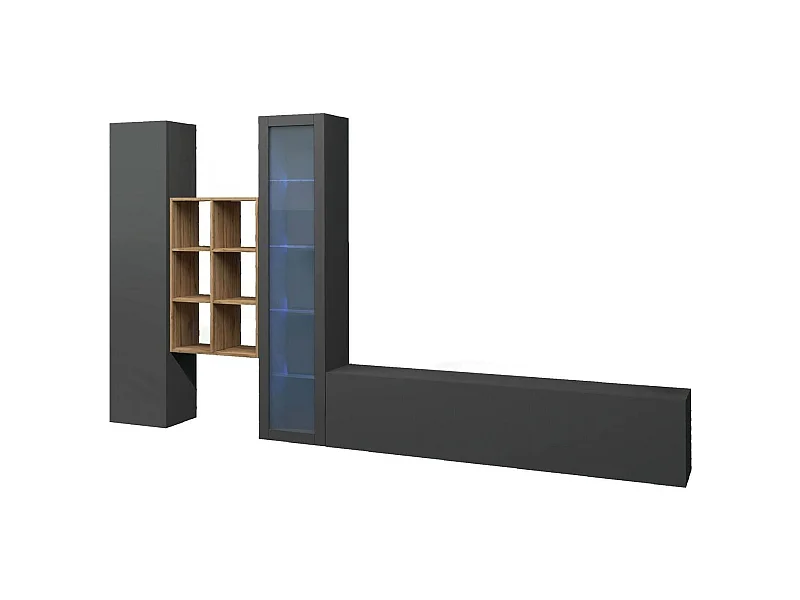 Système mural Dcragn, meuble TV 3 portes, Meuble de salon polyvalent avec vitrine et lumière LED, 100% Made in Italy, 320x30h180 cm, Anthracite