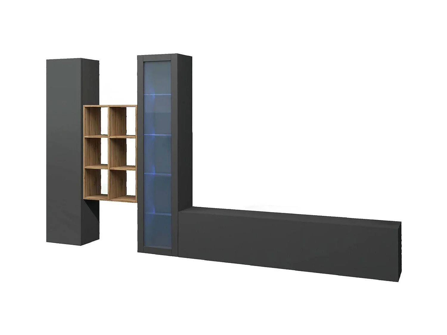Système mural Dcragn, meuble TV 3 portes, Meuble de salon polyvalent avec vitrine et lumière LED, 100% Made in Italy, 320x30h180 cm, Anthracite