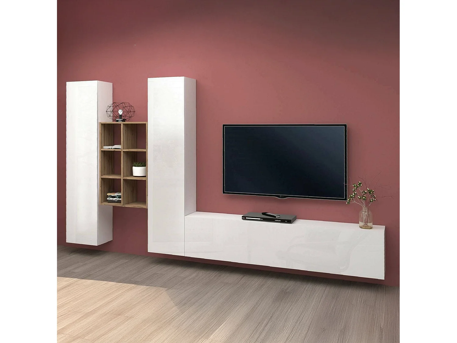 Móvel de parede Dcola, conjunto de sala de TV com 3 portas, móveis de sala multiuso, 100% fabricado na Itália, 320x30h180 cm, branco brilhante e bordo