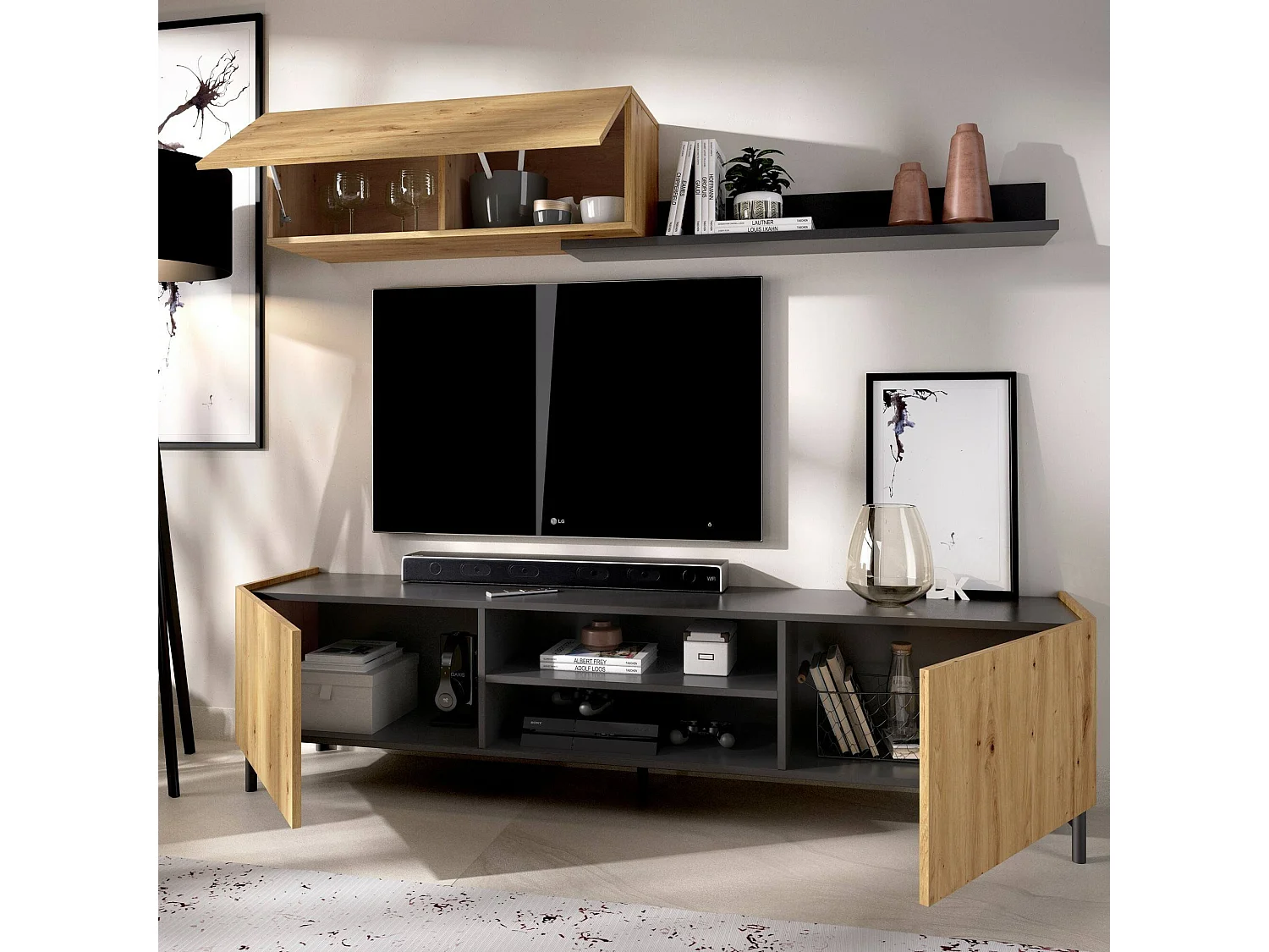 Système mural Dfuse, ensemble de salon meuble TV, meuble de salon polyvalent, 182x35h180 cm, Chêne noué et Anthracite