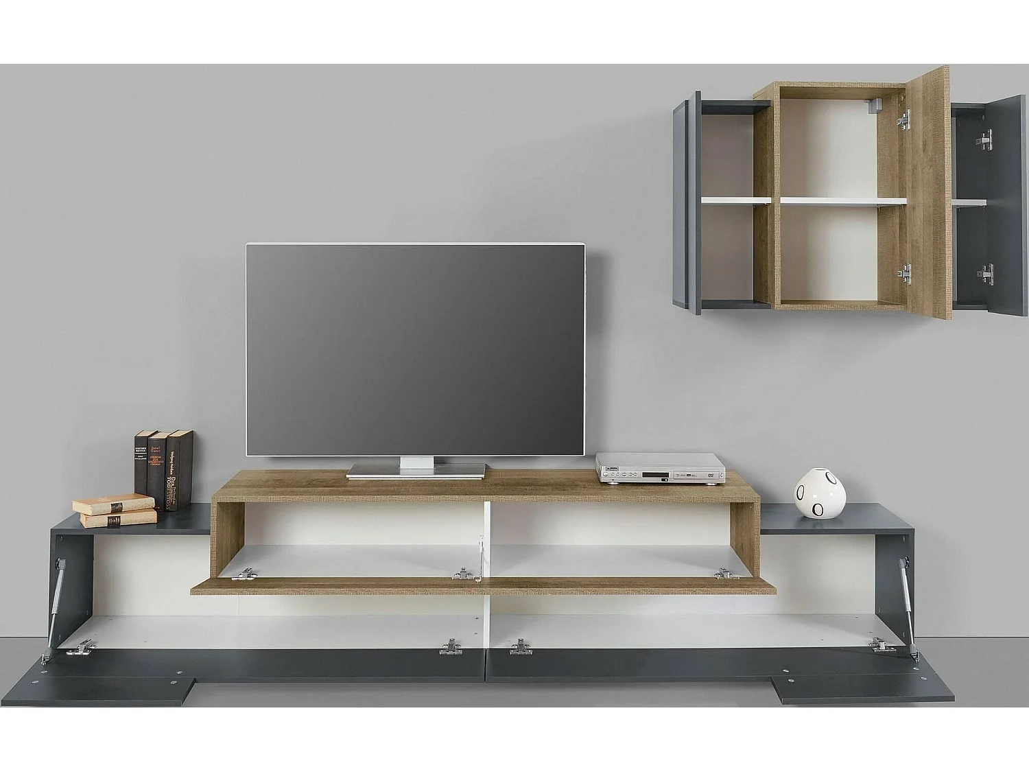 Élément mural Dmar, ensemble de salon meuble TV, meuble de salon polyvalent, 100% Made in Italy, 240x45h180 cm, Anthracite et Érable