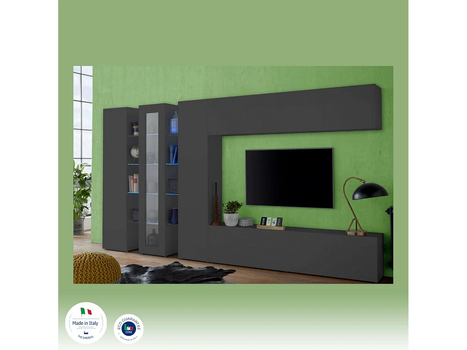 Sistema de parede Dfilard, móvel de sala de TV, móveis de sala com vitrine e luz LED, 100% Fabricado na Itália, 320x30h180 cm, Antracite