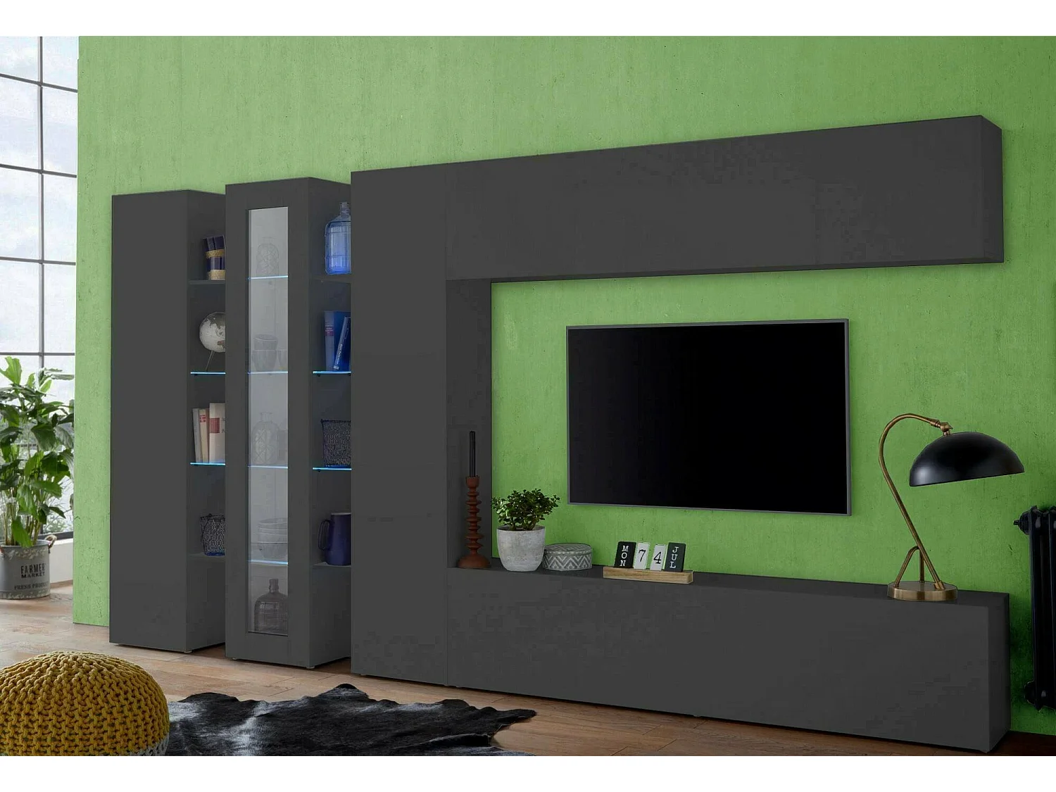 Wohnzimmermöbel Dfilard, TV-Ständer Wohnzimmerset, Wohnzimmermöbel mit Vitrine und LED-Licht, 100% Made in Italy, cm 320x30h180, Anthrazit