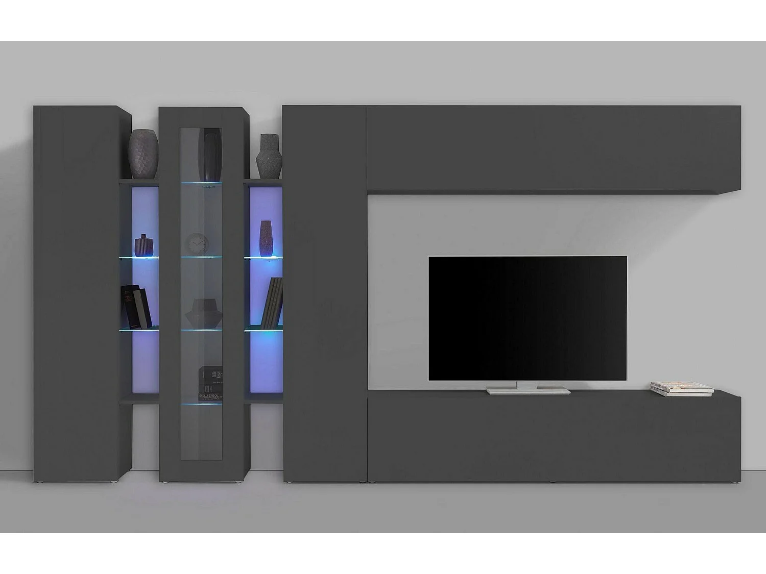 Système mural Dfilard, meuble TV pour salon, meuble de salon avec vitrine et lumière LED, 100% Made in Italy, 320x30h180 cm, Anthracite