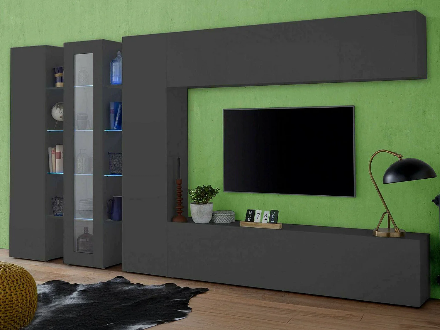 Système mural Dfilard, meuble TV pour salon, meuble de salon avec vitrine et lumière LED, 100% Made in Italy, 320x30h180 cm, Anthracite