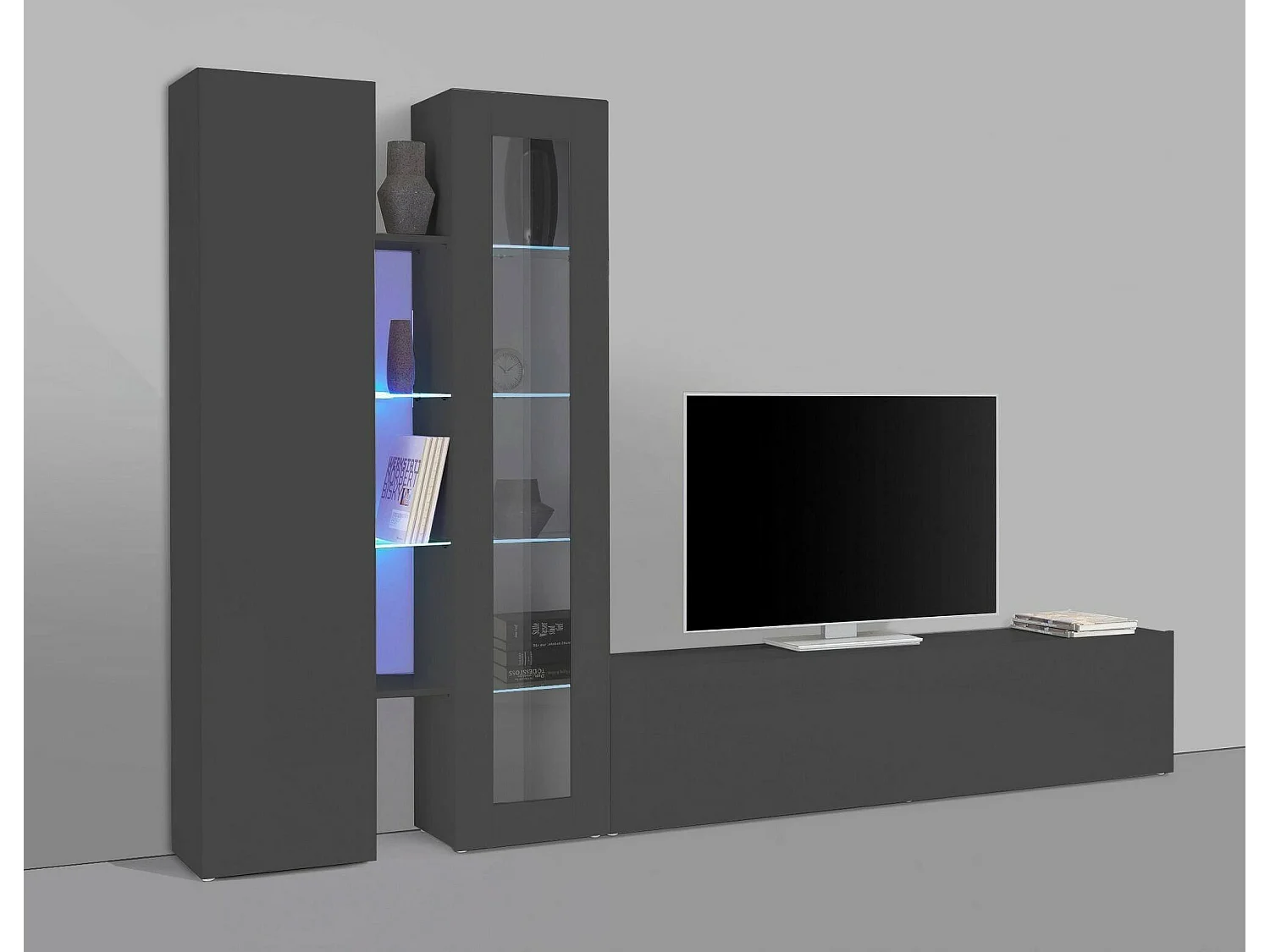 Élément mural Dcau, meuble TV 3 portes, meuble de salon polyvalent avec vitrine et lumière LED, 100% Made in Italy, 280x30h180 cm, Anthracite