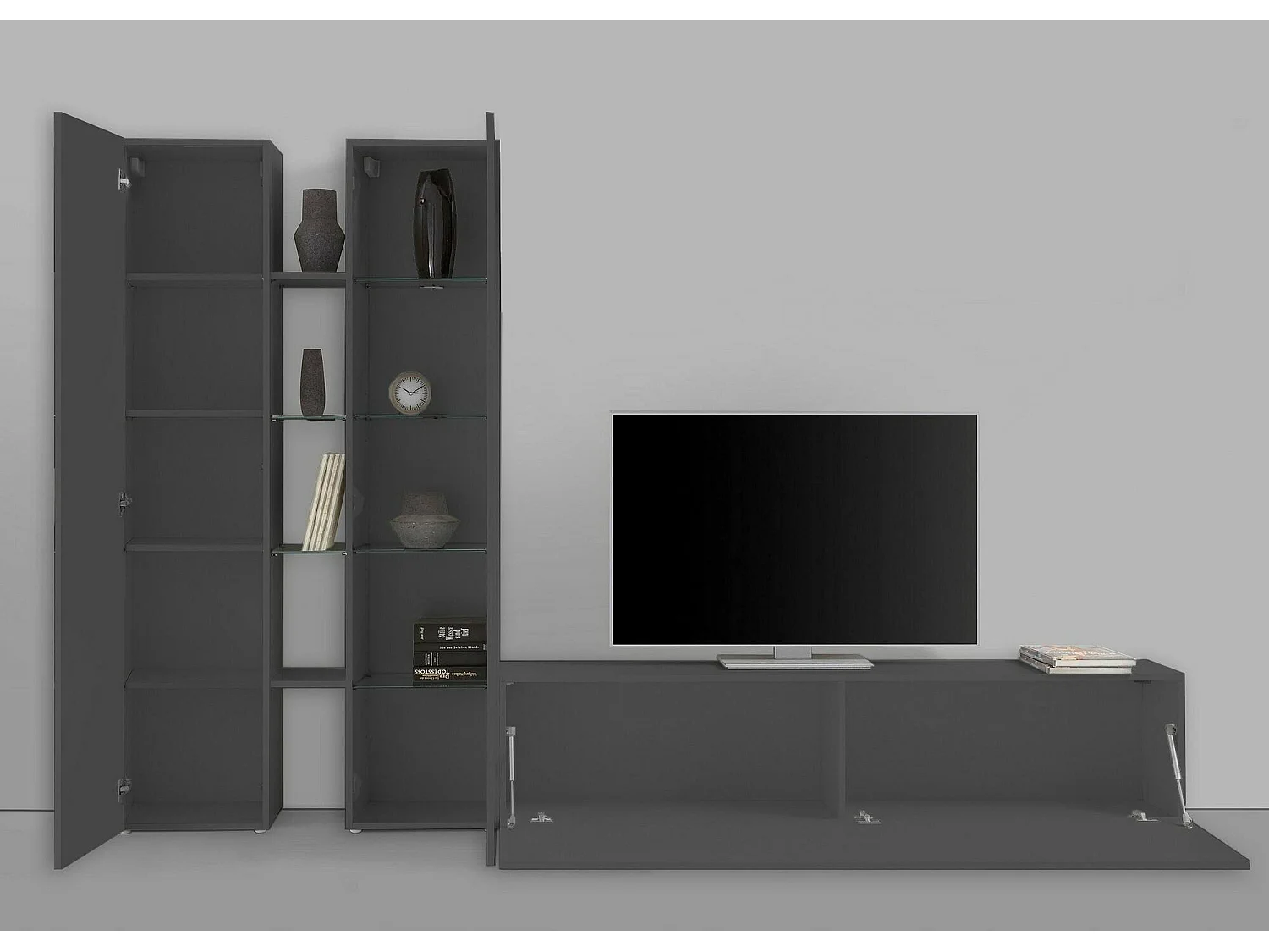 Élément mural Dcau, meuble TV 3 portes, meuble de salon polyvalent avec vitrine et lumière LED, 100% Made in Italy, 280x30h180 cm, Anthracite