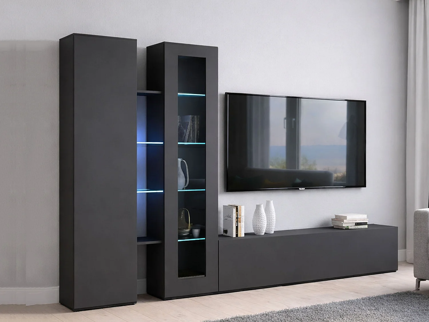 Élément mural Dcau, meuble TV 3 portes, meuble de salon polyvalent avec vitrine et lumière LED, 100% Made in Italy, 280x30h180 cm, Anthracite