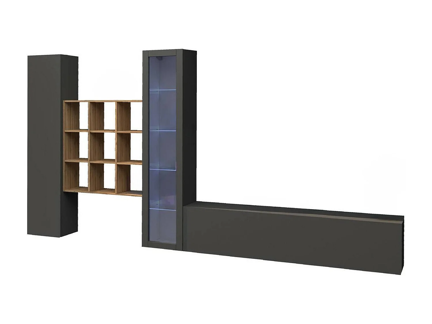 Système mural Dcapann, meuble TV 4 portes, Meuble de salon polyvalent avec vitrine et lumière LED, 100% Made in Italy, 310x30h180 cm, Anthracite et Érable