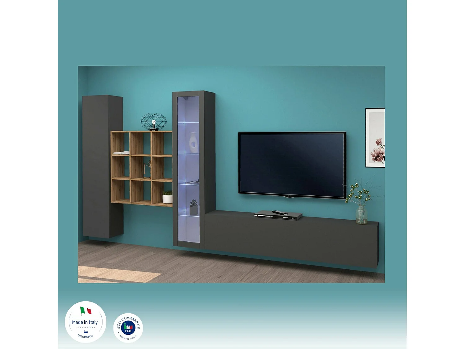 Système mural Dcapann, meuble TV 4 portes, Meuble de salon polyvalent avec vitrine et lumière LED, 100% Made in Italy, 310x30h180 cm, Anthracite et Érable