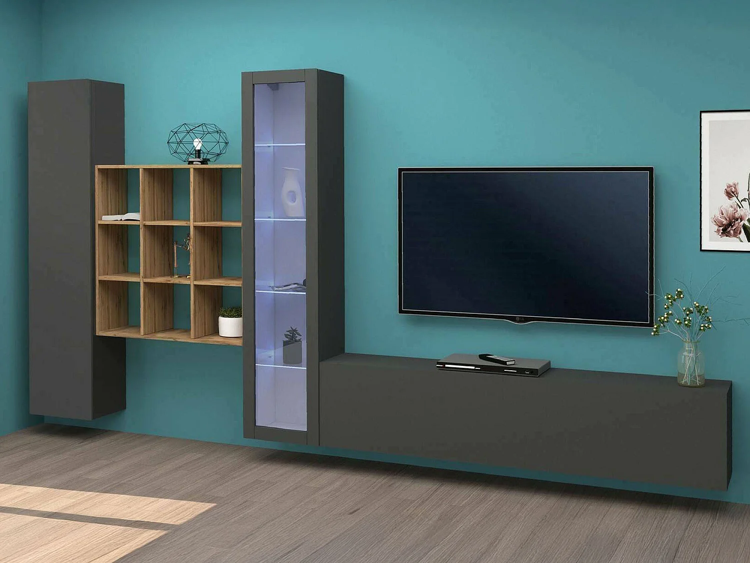 Système mural Dcapann, meuble TV 4 portes, Meuble de salon polyvalent avec vitrine et lumière LED, 100% Made in Italy, 310x30h180 cm, Anthracite et Érable