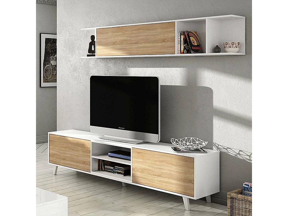 Système mural Darcole, meuble TV, meuble de salon, composition de salon avec élément mural, 180x41h51 cm, blanc et chêne