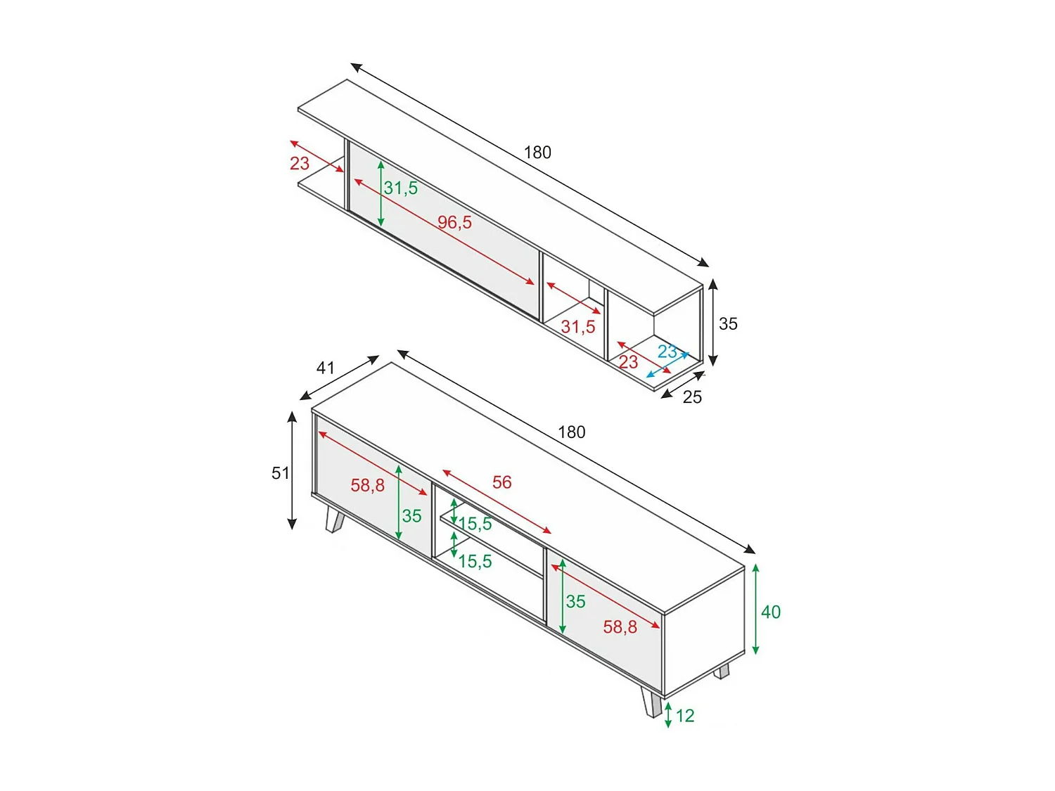 Darcole wandsysteem, TV-meubel woonkamermeubel, Woonkamersamenstelling met wandmeubel, 180x41h51 cm, Wit en Eiken