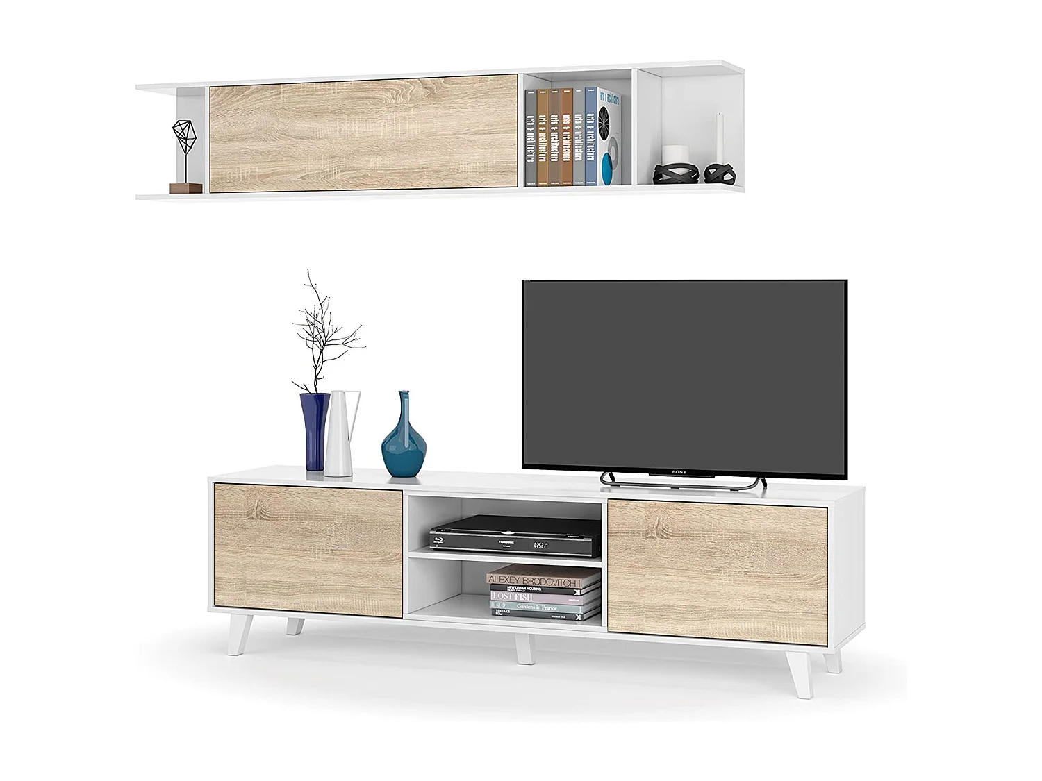 Dmora - Parete attrezzata Aslan, 180x41h51 cm, Bianco e Rovere