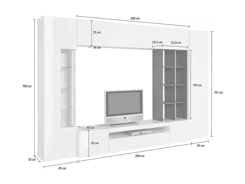 Wohnzimmermöbel Dlazzar, TV-Ständer Wohnzimmer-Set, Mehrzweck-Wohnzimmermöbel mit LED-Beleuchtung, 100 % Made in Italy, cm 290x40h192, glänzend weiÃŸ und Schiefer