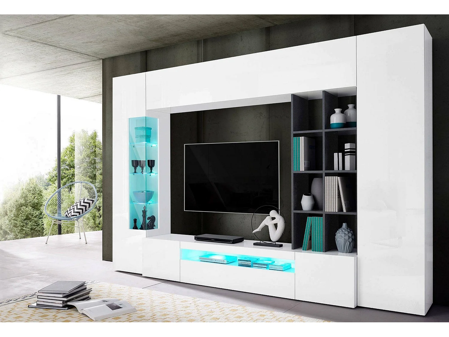 Dlazzar wandsysteem, TV-meubel woonkamerset, Multifunctioneel woonkamermeubel met LED-licht, 100% Made in Italy, 290x40h192 cm, Glanzend wit en leisteen