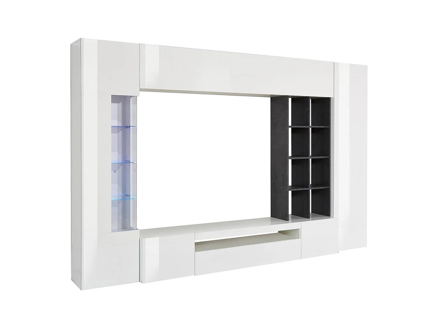 Pared Equipada Dlazzar, Conjunto de salón con soporte TV, Mueble salón polivalente con luz LED, 100% Made in Italy, cm 290x40h192, Blanco Brillo y Pizarra