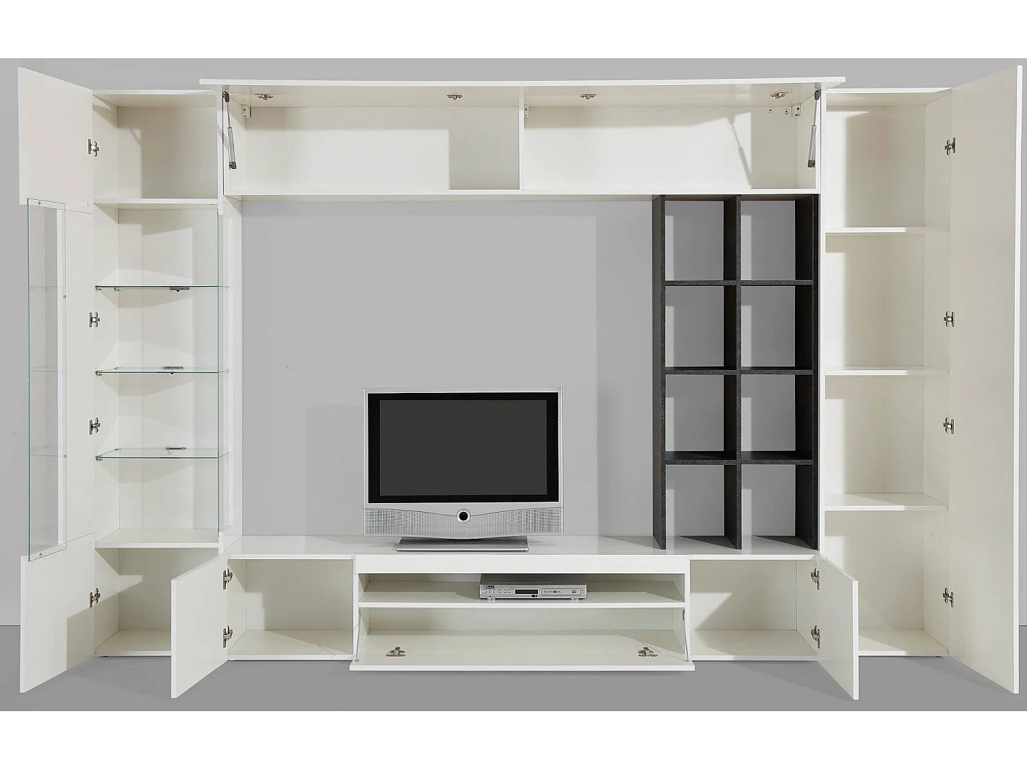 Pared Equipada Dlazzar, Conjunto de salón con soporte TV, Mueble salón polivalente con luz LED, 100% Made in Italy, cm 290x40h192, Blanco Brillo y Pizarra
