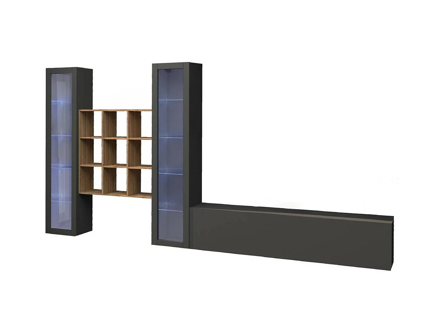 Élément mural Dchiorr, meuble TV 3 portes, Meuble de salon polyvalent avec vitrine et lumière LED, 100% Made in Italy, 350x30h180 cm, Anthracite et Érable