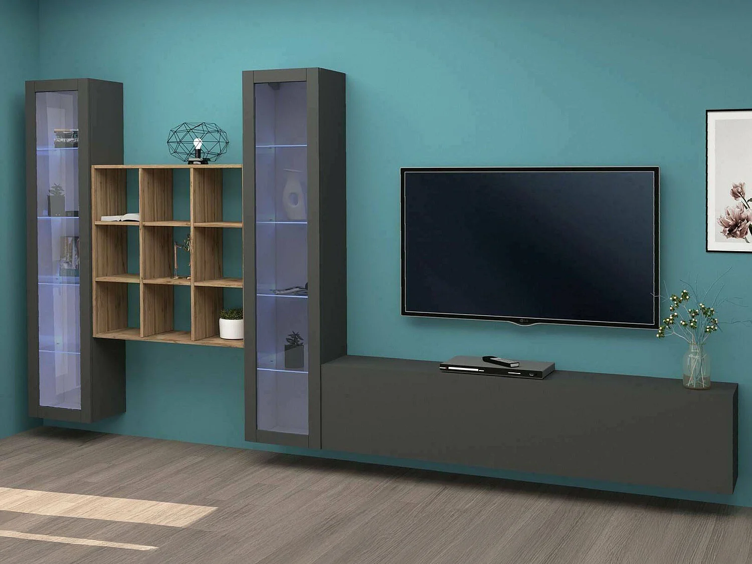 Élément mural Dchiorr, meuble TV 3 portes, Meuble de salon polyvalent avec vitrine et lumière LED, 100% Made in Italy, 350x30h180 cm, Anthracite et Érable