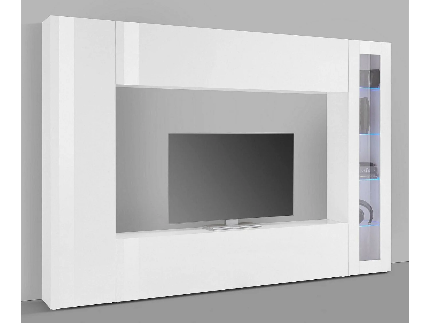 Élément mural Dgirm, meuble TV 4 portes, Meuble de salon polyvalent, 100% Made in Italy, 260x30h180 cm, Blanc brillant, avec lumière LED bleue et vitrine