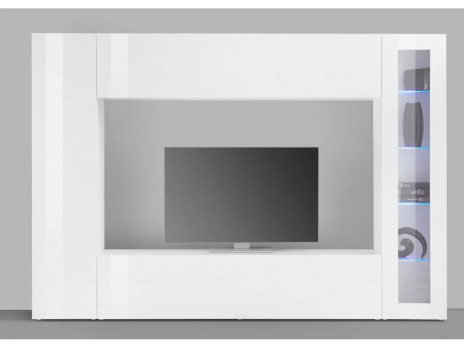 Élément mural Dgirm, meuble TV 4 portes, Meuble de salon polyvalent, 100% Made in Italy, 260x30h180 cm, Blanc brillant, avec lumière LED bleue et vitrine