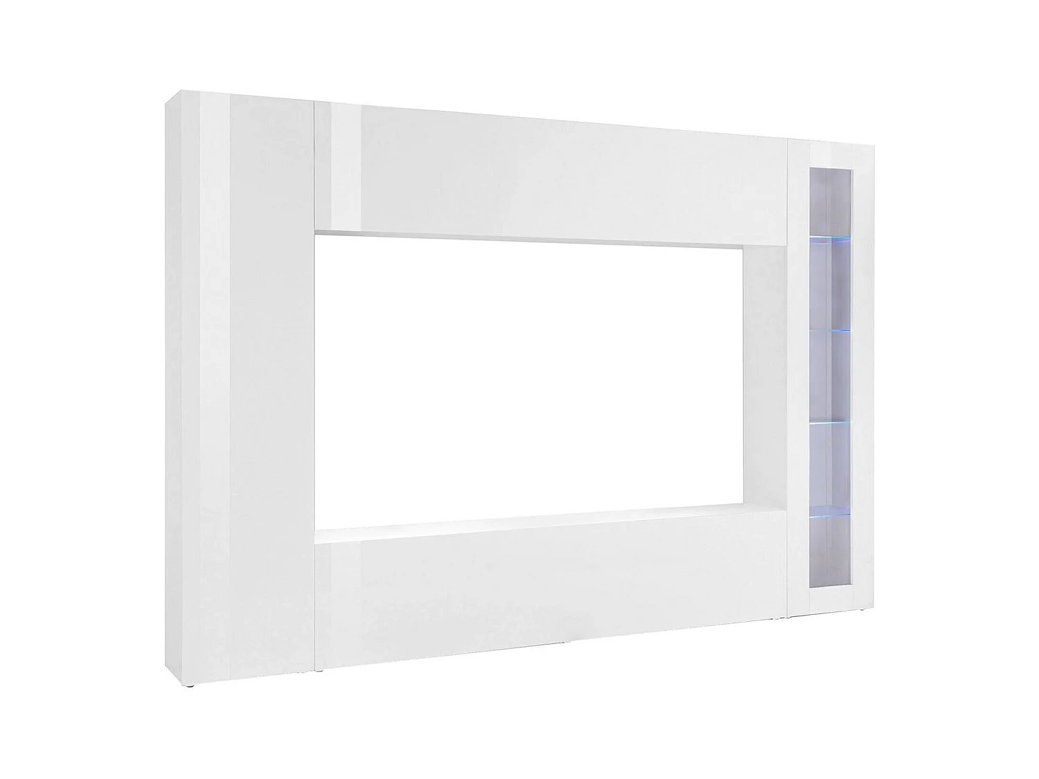 Élément mural Dgirm, meuble TV 4 portes, Meuble de salon polyvalent, 100% Made in Italy, 260x30h180 cm, Blanc brillant, avec lumière LED bleue et vitrine