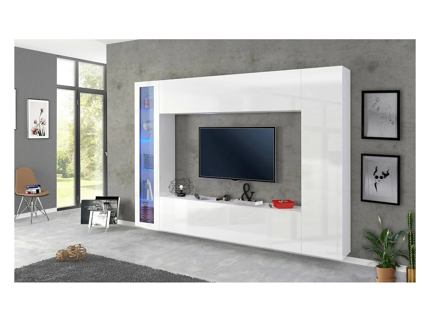 Élément mural Dgirm, meuble TV 4 portes, Meuble de salon polyvalent, 100% Made in Italy, 260x30h180 cm, Blanc brillant, avec lumière LED bleue et vitrine