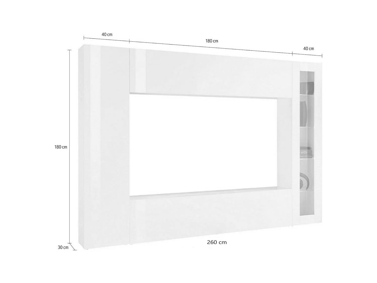 Élément mural Dgirm, meuble TV 4 portes, Meuble de salon polyvalent, 100% Made in Italy, 260x30h180 cm, Blanc brillant, avec lumière LED bleue et vitrine