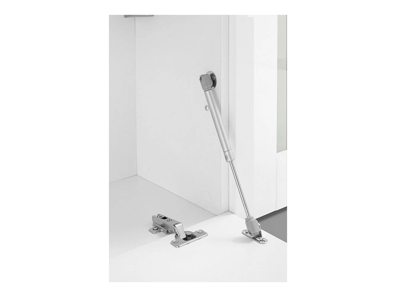 Élément mural Dgirm, meuble TV 4 portes, Meuble de salon polyvalent, 100% Made in Italy, 260x30h180 cm, Blanc brillant, avec lumière LED bleue et vitrine