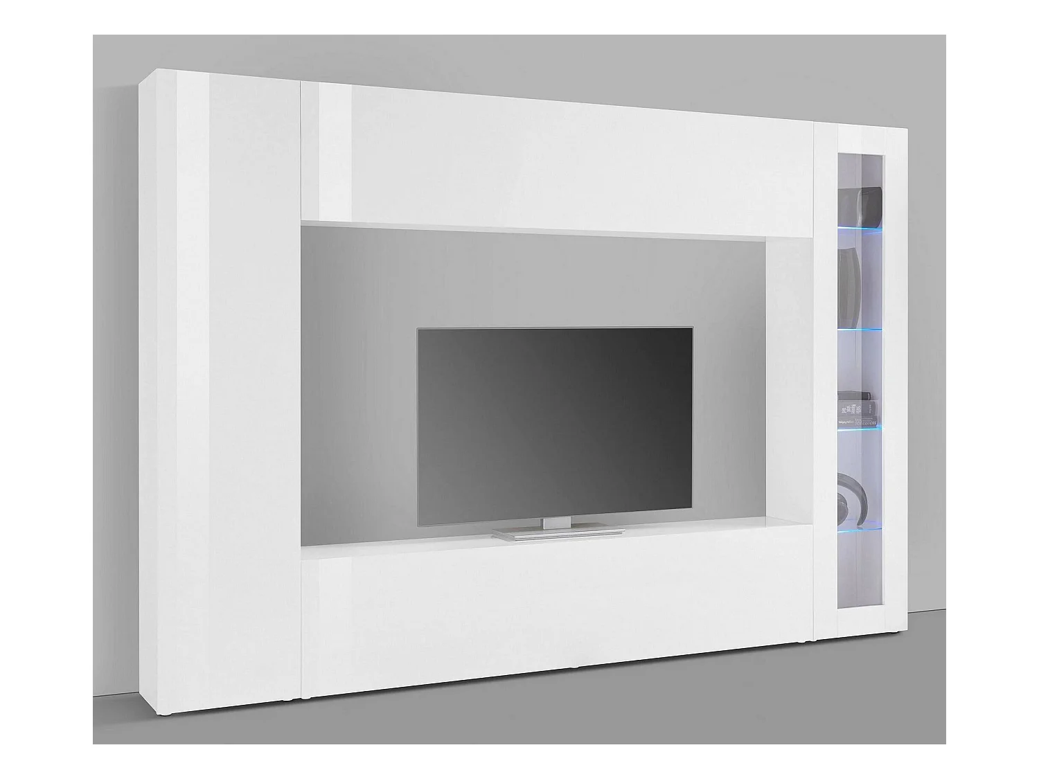 Élément mural Dgirm, meuble TV 4 portes, Meuble de salon polyvalent, 100% Made in Italy, 260x30h180 cm, Blanc brillant, avec lumière LED bleue et vitrine