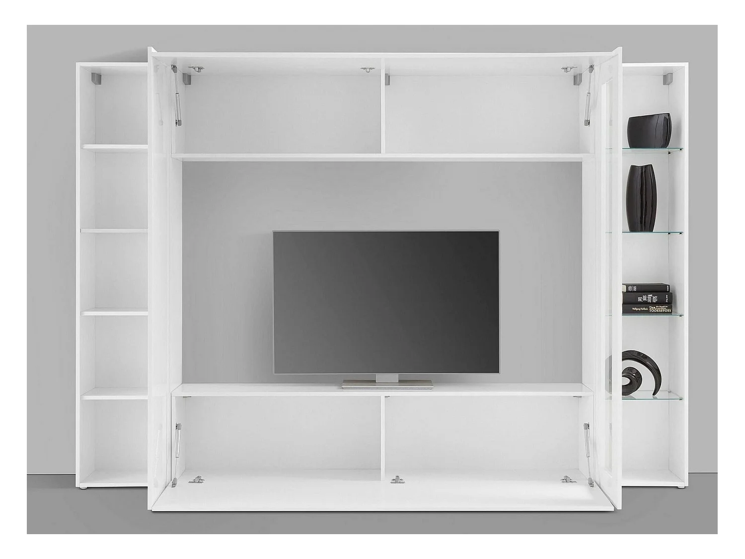 Élément mural Dgirm, meuble TV 4 portes, Meuble de salon polyvalent, 100% Made in Italy, 260x30h180 cm, Blanc brillant, avec lumière LED bleue et vitrine