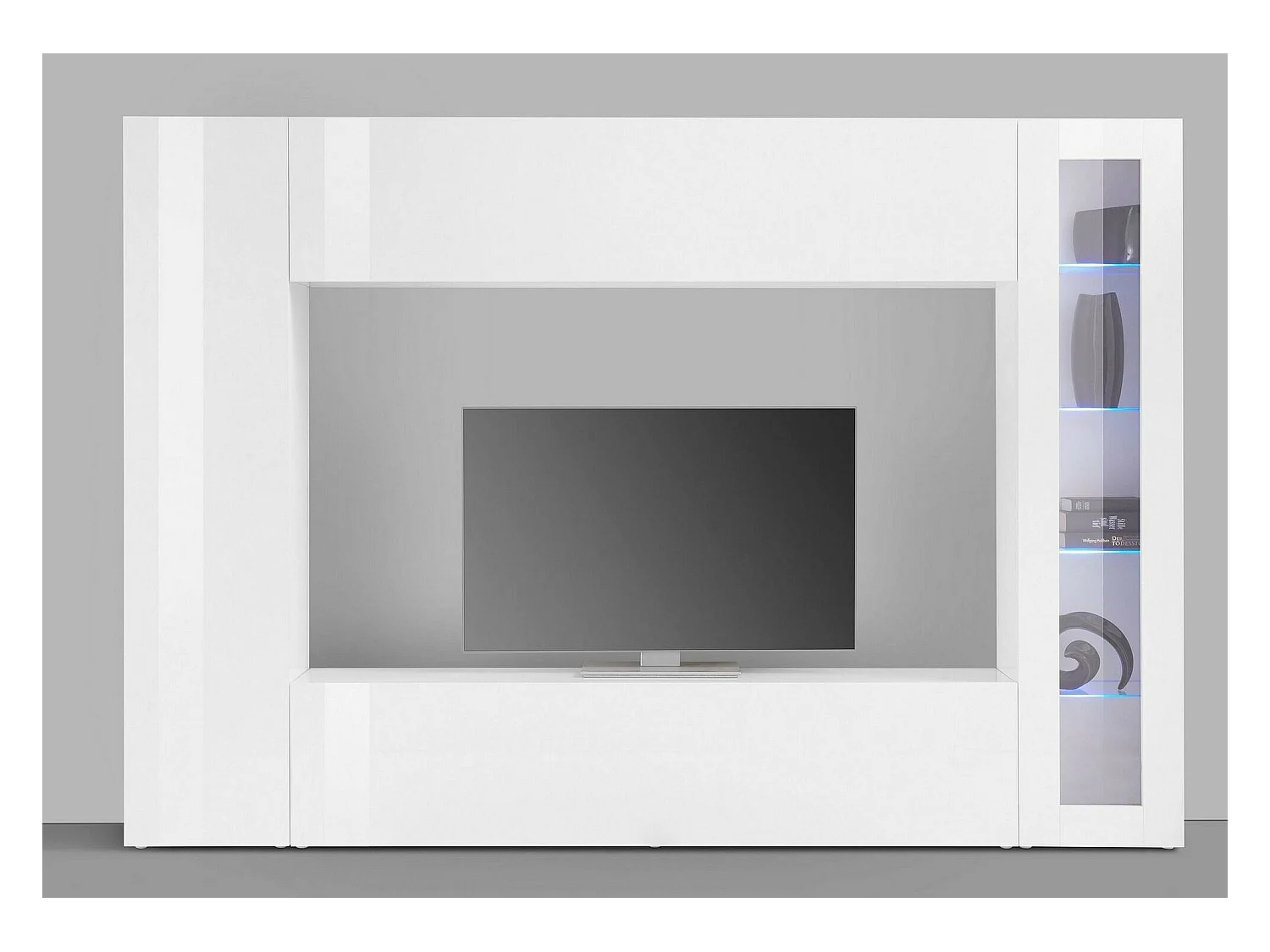 Élément mural Dgirm, meuble TV 4 portes, Meuble de salon polyvalent, 100% Made in Italy, 260x30h180 cm, Blanc brillant, avec lumière LED bleue et vitrine