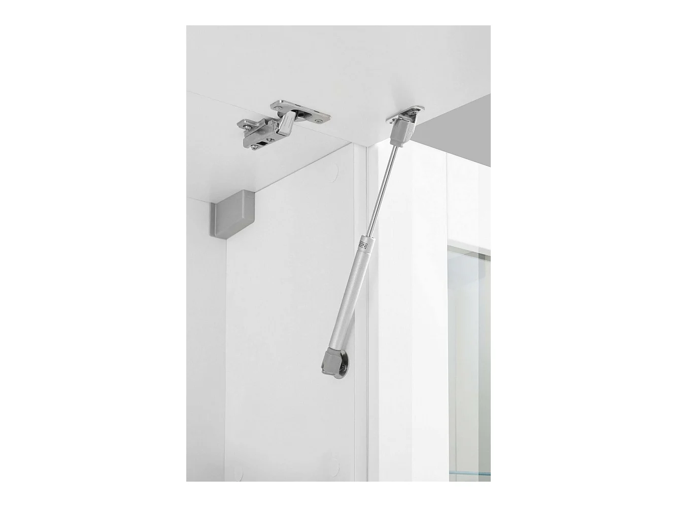 Élément mural Dgirm, meuble TV 4 portes, Meuble de salon polyvalent, 100% Made in Italy, 260x30h180 cm, Blanc brillant, avec lumière LED bleue et vitrine