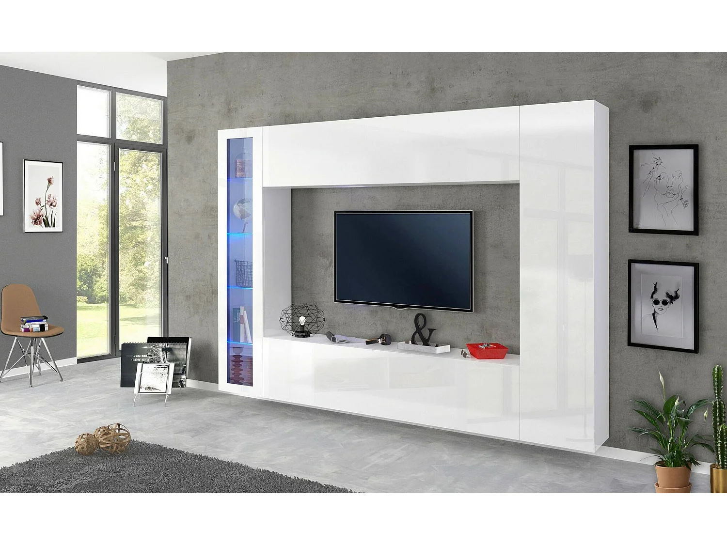 Élément mural Dgirm, meuble TV 4 portes, Meuble de salon polyvalent, 100% Made in Italy, 260x30h180 cm, Blanc brillant, avec lumière LED bleue et vitrine