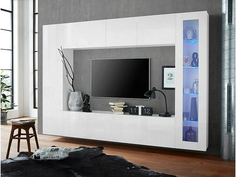 Dgirm wandyteem, 4-deur TV-meubel woonkameret, Multifunctioneel woonkamermeubel, 100% Made in Italy, 260x30h180 cm, Glanzend wit, met blauw LED-licht en een vitrine