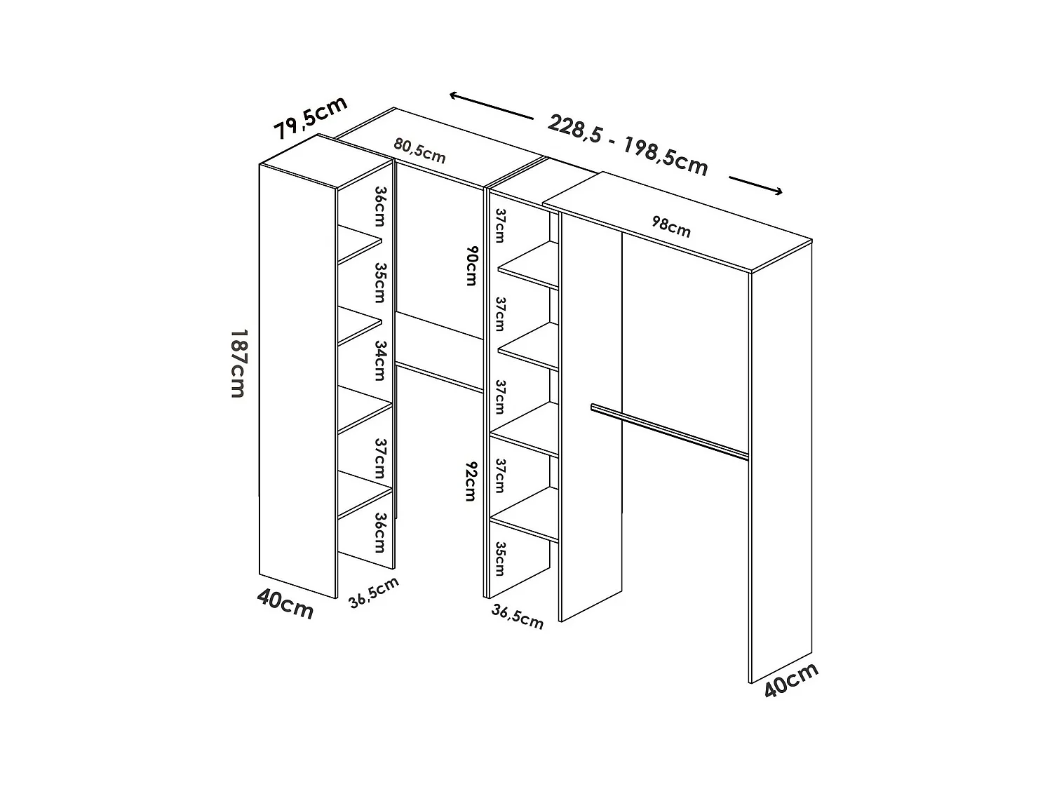 Dmagrin kledingkast, Structuur voor hoekinloopkast, Open hoekkleerhanger, 228x79h187 cm, Wit