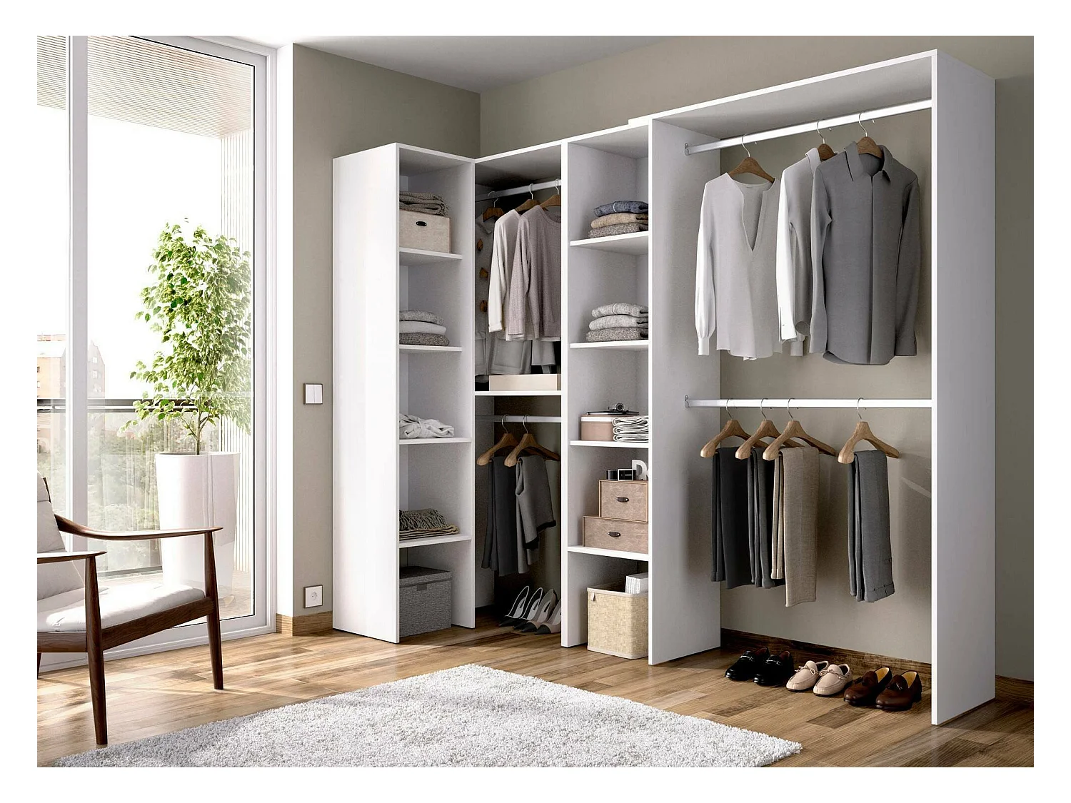 Dmagrin kledingkast, Structuur voor hoekinloopkast, Open hoekkleerhanger, 228x79h187 cm, Wit