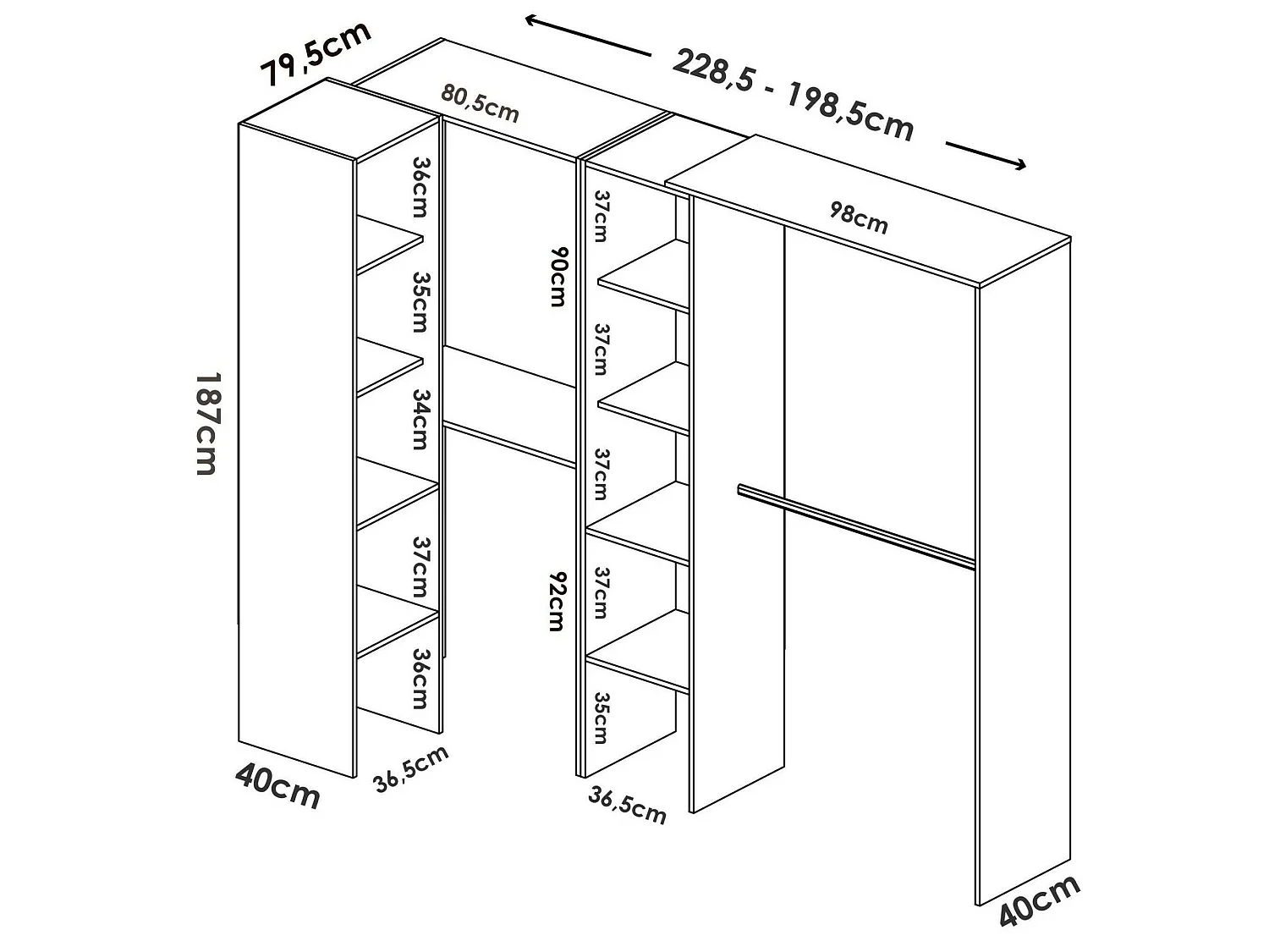 Guardaroba Grande Antilope, Appendiabiti, 79.4x187h cm Bianco, Armadio Camera da Letto