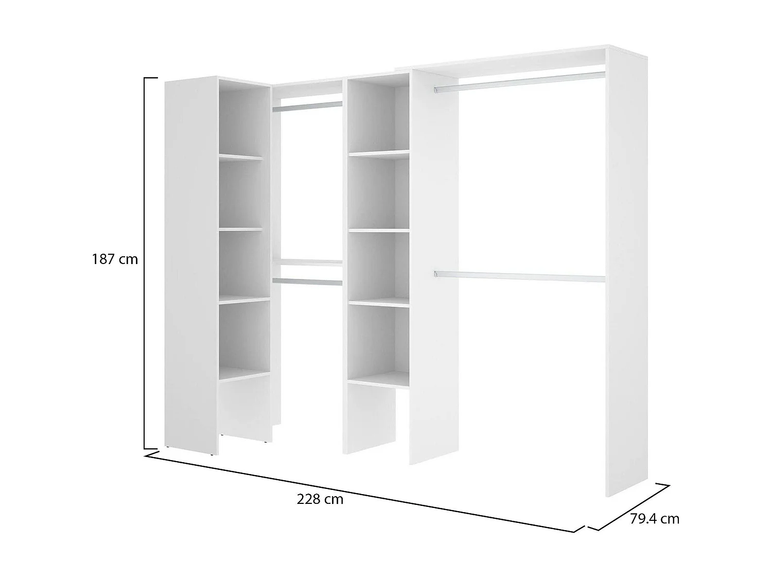 Armoire Dmagrin, Structure pour dressing d'angle, Cintre d'angle ouvert, 228x79h187 cm, Blanc